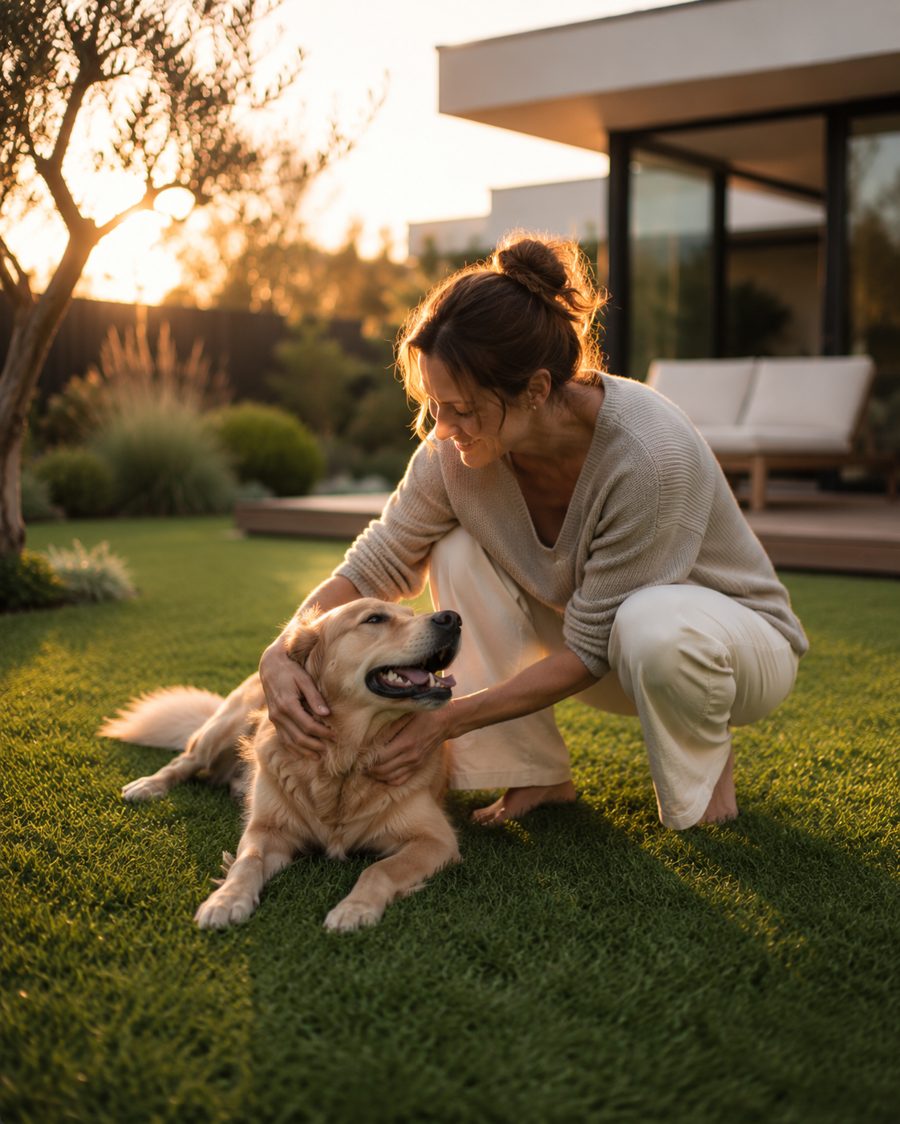 An owner relaxing on the lawn with their dog